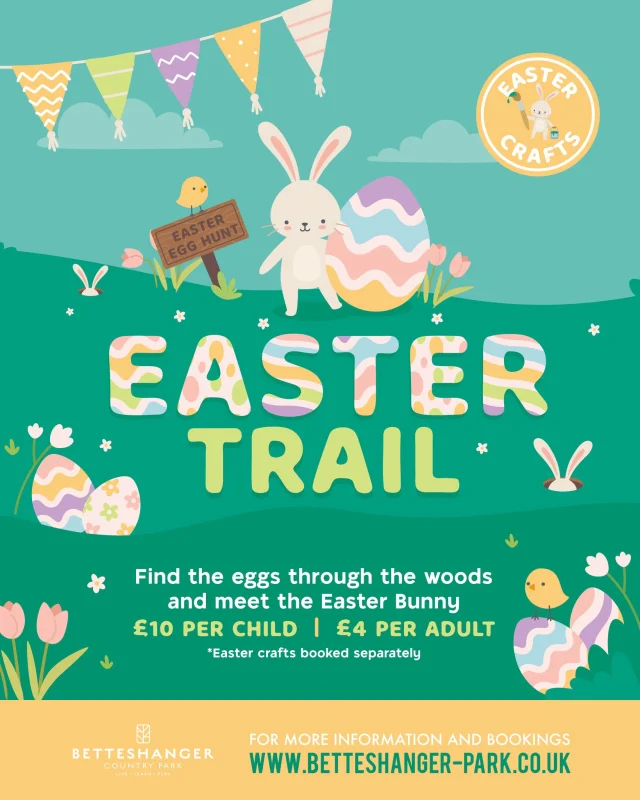 🐰 BOOK NOW: Easter Trail at Betteshanger Park! 🌳

Hop along with 'Billy' the Easter Bunny on a fun-filled adventure through the Betteshanger woods! Help Billy find his missing Easter eggs and uncover the mystery of who’s been hiding them all over the woods! 🐣🍫

📅 Dates: Saturday 5th April – Monday 21st April 2025
⏰ Times: 10am to 4pm
💰 Price: £10 per child / £4 per adult
🚗 Parking not included.

Every child will receive a clue sheet to guide them through the trail. Once you've solved all the clues, hop on down to meet Billy for an Easter egg treat and a photo opportunity! 📸🐇

Book now for an egg-citing day out! 🎉