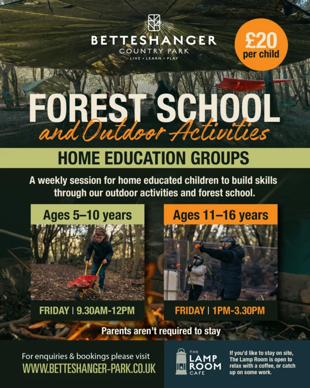 🌲 Home Education at Betteshanger Country Park 🌲
Looking for an outdoor learning experience where children can build confidence, develop practical skills and spend more time connecting with nature?

Our Forest School & Outdoor Activities Home Education Groups offer weekly Friday sessions at Betteshanger Country Park, combining outdoor learning with hands-on activities in our woodland setting.

We have two age groups:
🌿 Ages 5–10 — Fridays, 9:30am–12pm
🧭 Ages 11–16 — Fridays, 1pm–3:30pm
🎟️ £20 per child, per session

Parents aren’t required to stay, although if you’d like to remain on site, The Lamp Room café is a great spot to grab a coffee, relax or catch up on some work while the session takes place. ☕

If you’re part of the home education community in Kent, or know a family who might be interested, please share this post or tag them below.

👉 For enquiries and bookings, visit www.betteshanger-park.co.uk

#HomeEducation #HomeEd #ForestSchool #OutdoorLearning #Kent #BetteshangerCountryPark #LearningOutdoors #HomeEducators #ThingsToDoInKent