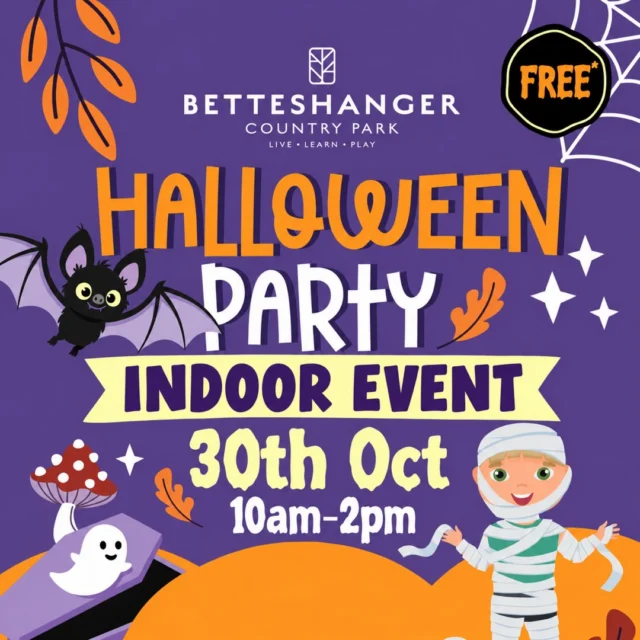 🎃 ALL THE HALLOWEEN FUN. INDOORS! 👻

Whatever the weather, bring your little monsters to Betteshanger Country Park for our indoor Halloween Party!

📅 Friday 30 October 2026
🕙 10am–2pm
🎟️ FREE ENTRY — no booking needed!

Enjoy FREE Halloween crafts, a disco and a fancy dress competition. Get those costumes ready and show us your best monster moves!

There’s also Pumpkin Shy and Splat the Rat at £1 each, plus face painting from £5.

Tag another family and make a Halloween date! 🎃

Standard parking charges apply.

Full details: https://betteshanger-park.co.uk/event/halloween-party/